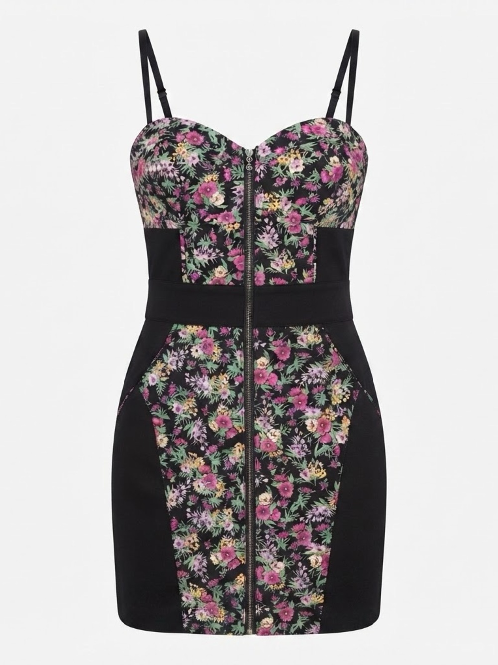 GUESS Floral Panel Black Full Zip Bodycon Corset Dress with Pockets S